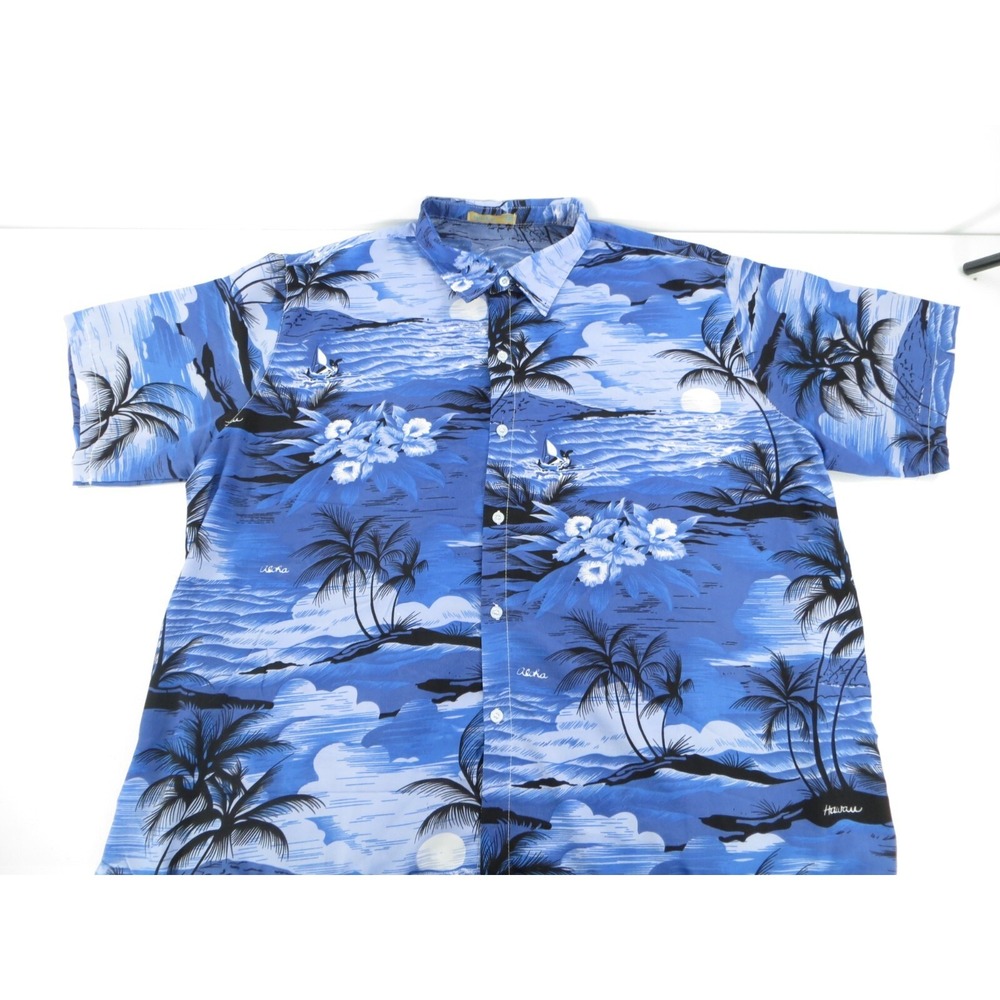 Han Ton Hawaiian Shirt Mens Blue Tropical Button Up Short Sleeve Size‎ 3XL